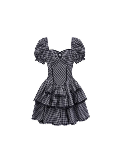 Purple Grid Bowknot Strap Dress【s0000002858】