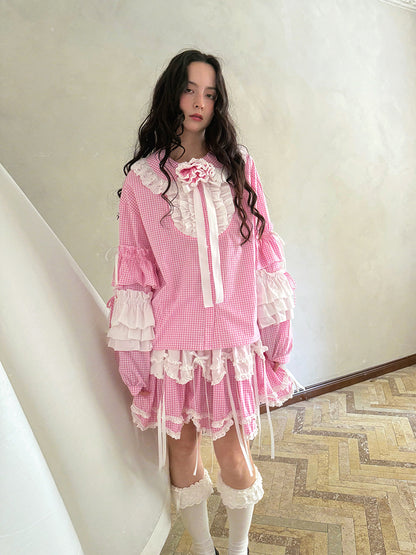 Pink checkered lace trim long-sleeved shirt【s0000012761】