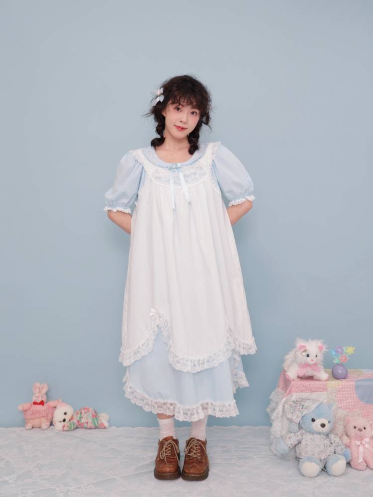Antique girly floral embroidered light blue dress【s0000009502】