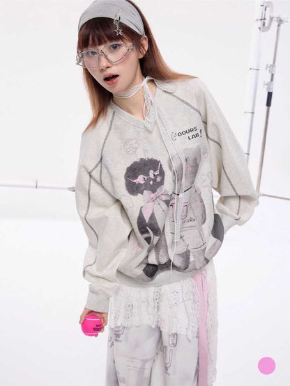 OVERSIZED LOOSE BEAR PRINT TOP AND BAT CURTAIN [S0000010426]