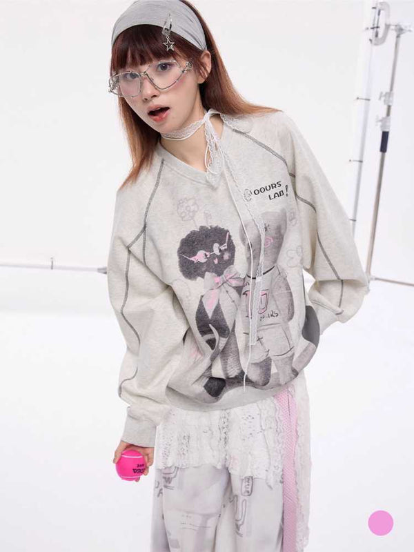Oversized loose bear print top and bat curtain【s0000010426】
