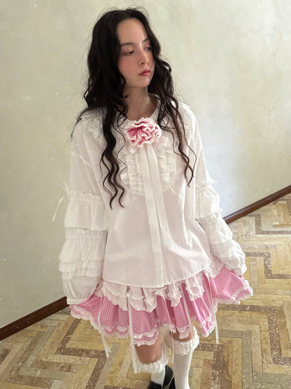 Pink checkered lace trim long-sleeved shirt【s0000012761】