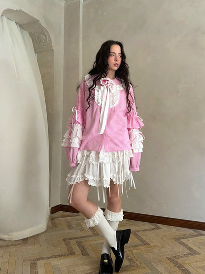 Pink checkered lace trim long-sleeved shirt【s0000012761】