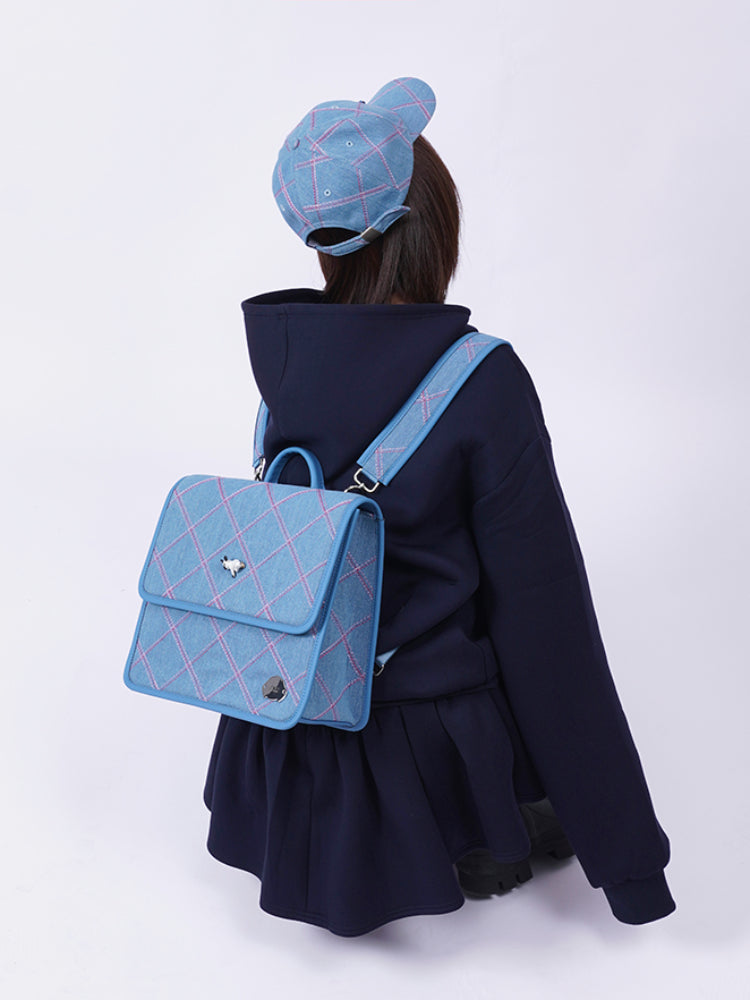 Plaid denim one-shoulder backpack【s0000007319】