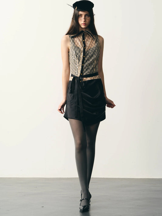 Lace satin pleated dress【s0000007332】