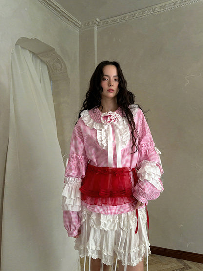 Pink checkered lace trim long-sleeved shirt【s0000012761】