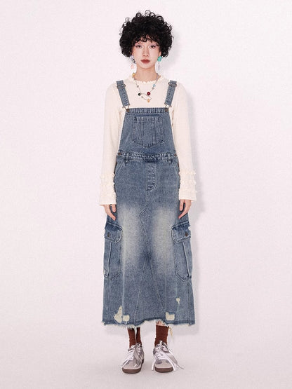 Loose denim suspender skirt【s0000009796】