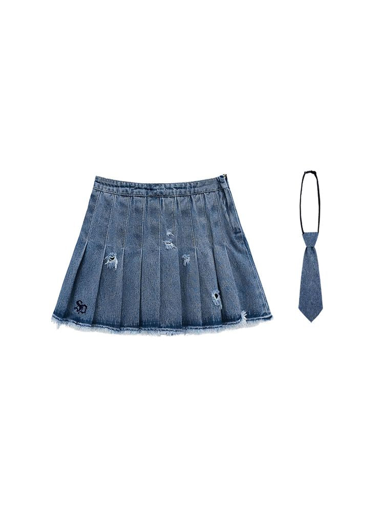 Denim pleated skirt with tie【s0000002852】