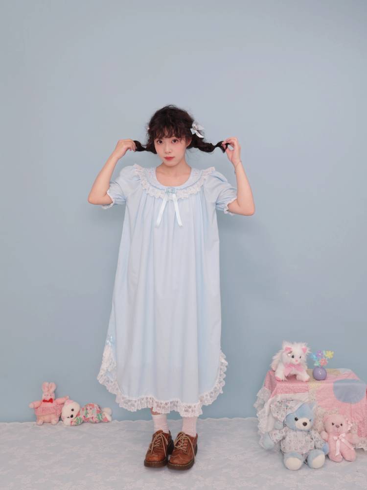 Antique girly floral embroidered light blue dress【s0000009502】