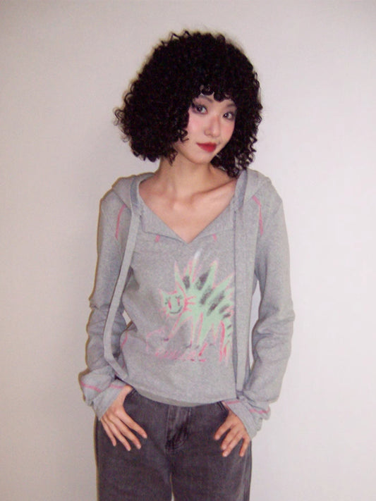 Hooded printed loose long sleeve T-shirt【s0000007409】