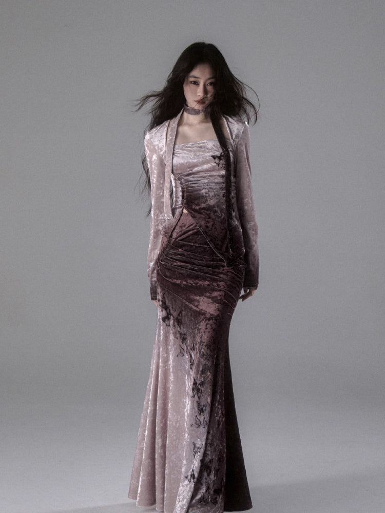Gradient butterfly velvet top and skirt【s0000006402】