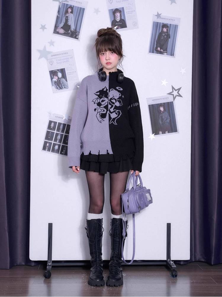 Black and purple loose sweater【s0000011298】