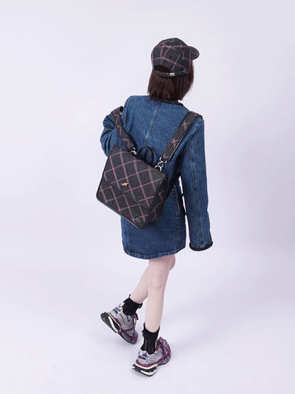 Plaid denim one-shoulder backpack【s0000007319】