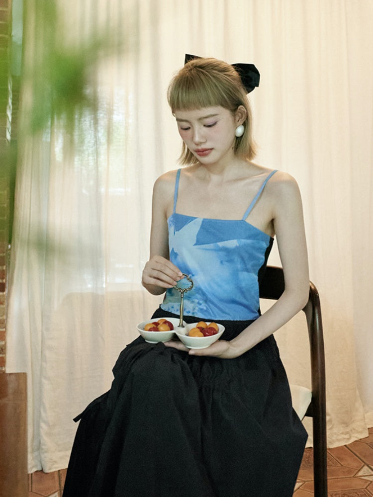 Blue Butterfly Print Mesh Tassel Camisole【s0000001934】