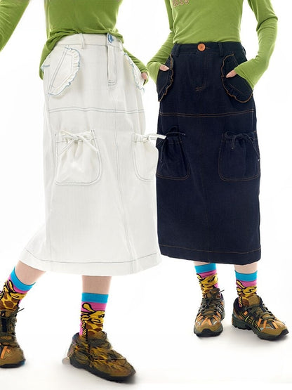 Ruffled Lace Denim Multi Pocket Midi Skirt【s0000011744】