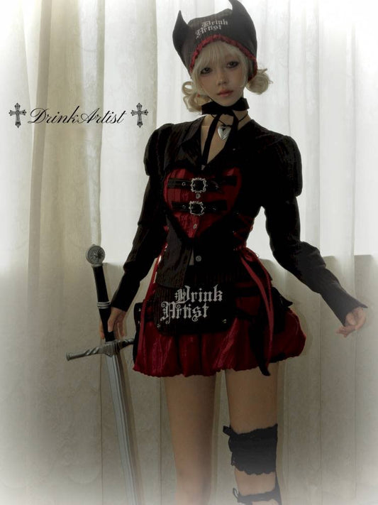 Lace-Up Striped Puff-Sleeve Lantern Skirt Shirt【s0000014435】