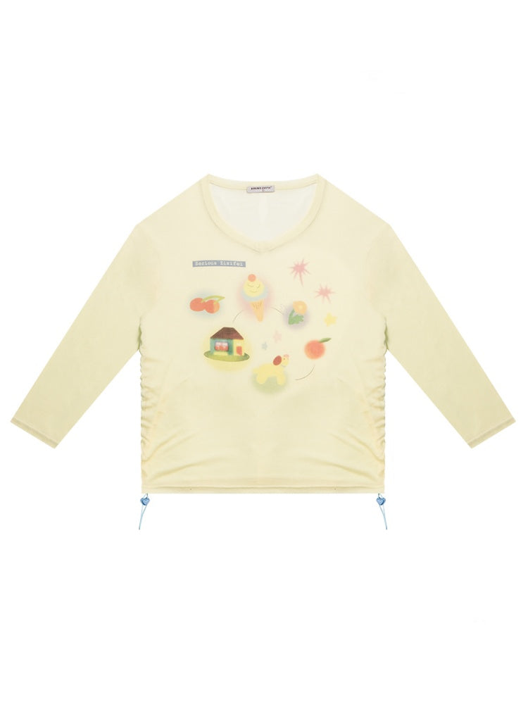Drawstring Print Semi Sheer Loose V-Neck Long Sleeved T-Shirt【s0000011751】