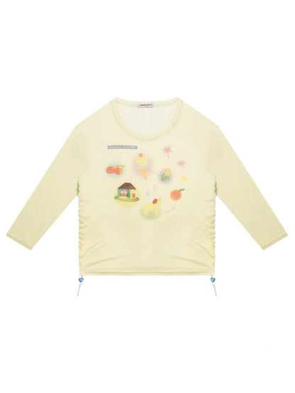 Drawstring Print Semi Sheer Loose V-Neck Long Sleeved T-Shirt【s0000011751】