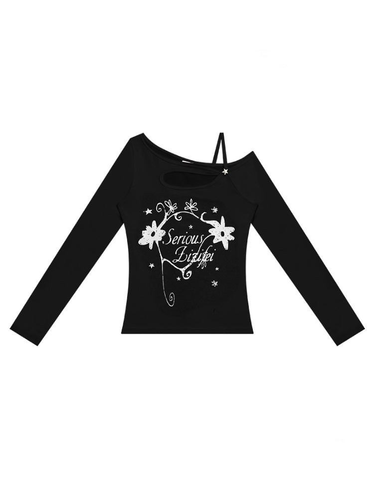 Cut Out Off Shoulder Irregular Neckline Long Sleeved T-Shirt【s0000011754】