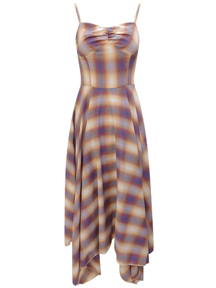 Cinched Waist Red Check Irregular Suspender Dress【s0000011911】