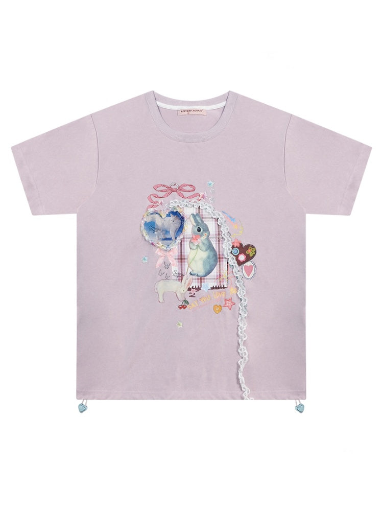 Rabbit Print Three Dimensional Lace Loose Crew Neck Short Sleeve T-Shirt【s0000011755】