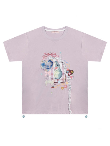 Rabbit Print Three Dimensional Lace Loose Crew Neck Short Sleeve T-Shirt【s0000011755】
