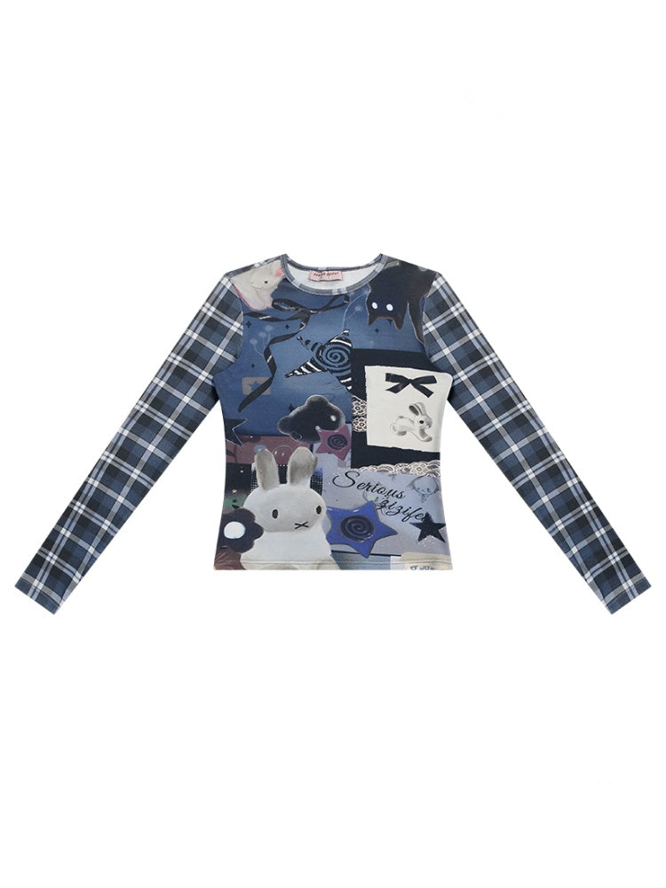 Animal Collage Print Glen Check Switch Slim Long Sleeved T-Shirt【s0000011752】