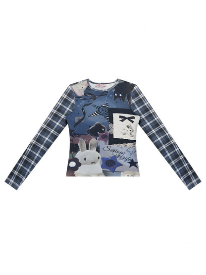 Animal Collage Print Glen Check Switch Slim Long Sleeved T-Shirt【s0000011752】