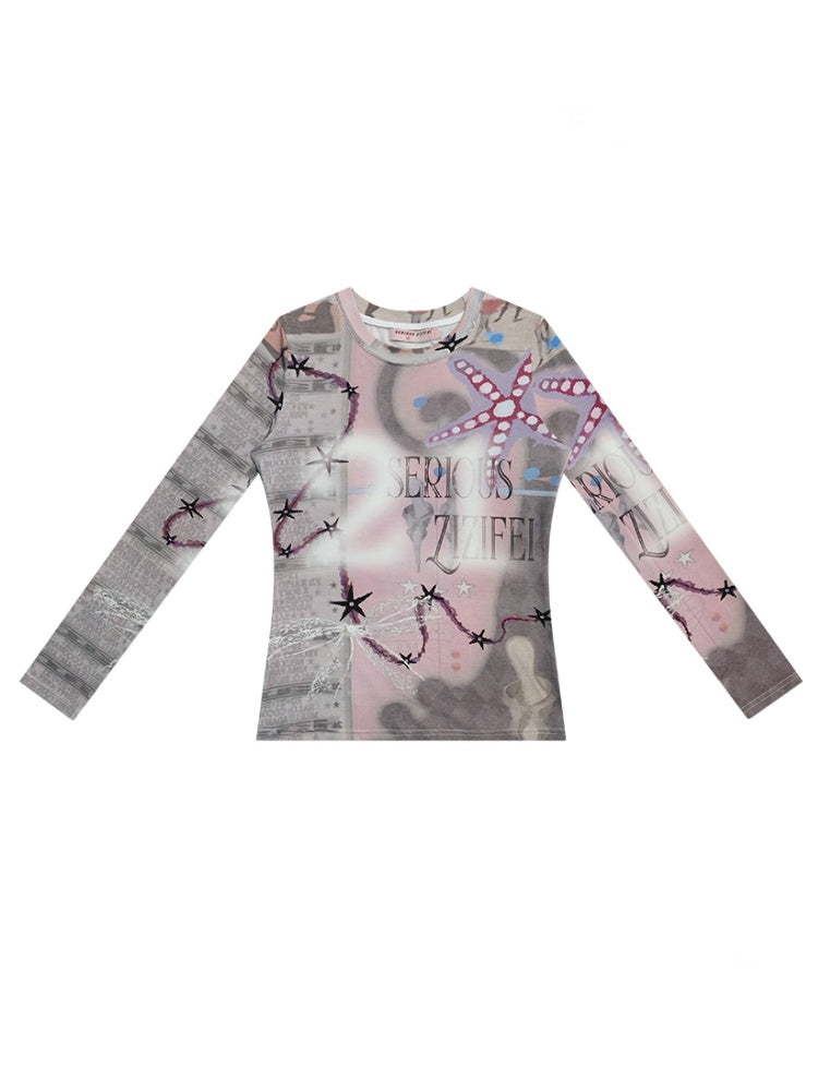 Star Digital Print Long Sleeve Numbering T-Shirt【s0000011760】