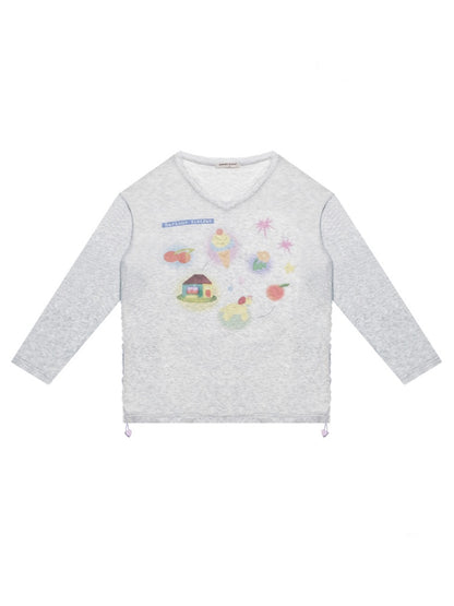 Drawstring Print Semi Sheer Loose V-Neck Long Sleeved T-Shirt【s0000011751】