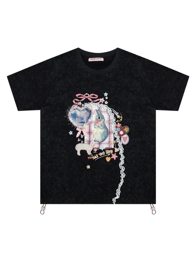 Rabbit Print Three Dimensional Lace Loose Crew Neck Short Sleeve T-Shirt【s0000011755】