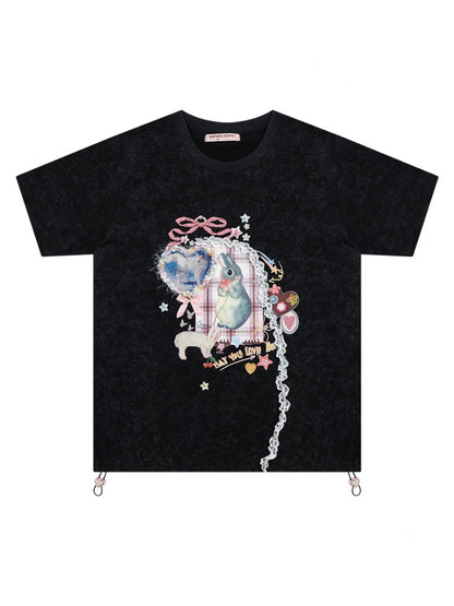Rabbit Print Three Dimensional Lace Loose Crew Neck Short Sleeve T-Shirt【s0000011755】