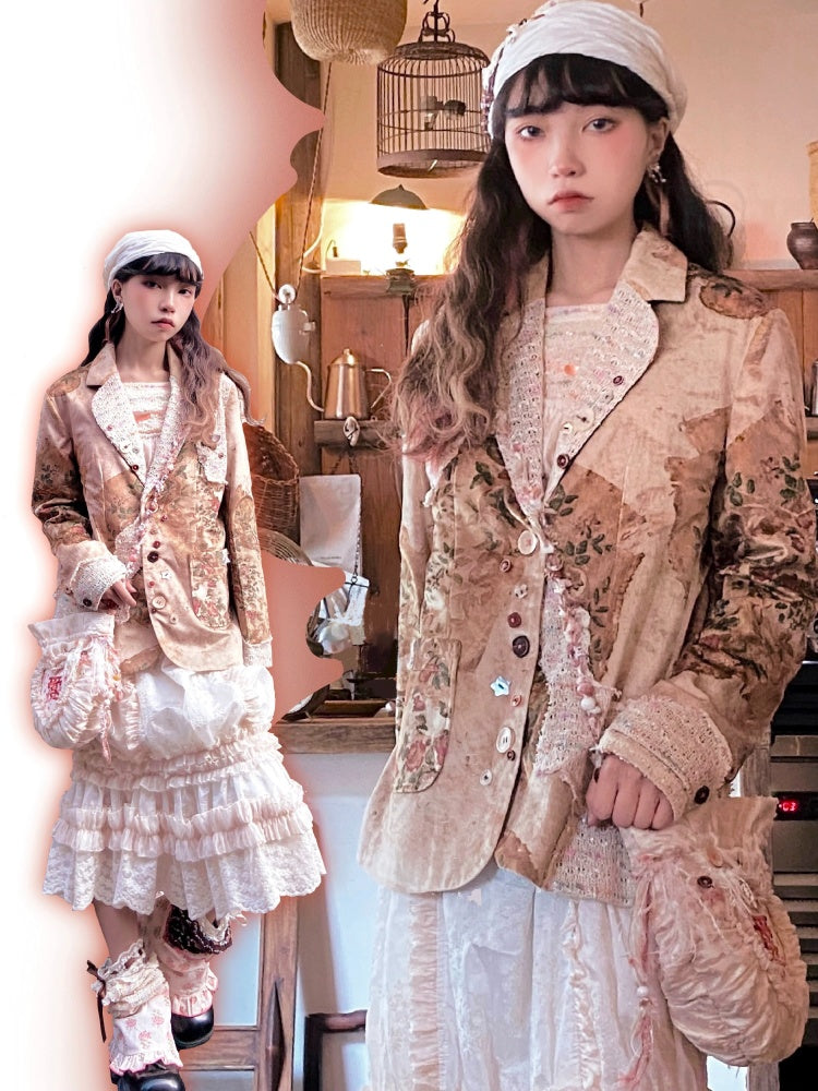 Retro Velvet Splicing Various Buttons Floral Jacket【s0000003586】