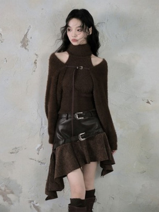 Turtle Neck Sleeveless Sweater &amp; Knitted Shawl Cardigan Set up【s0000004399】