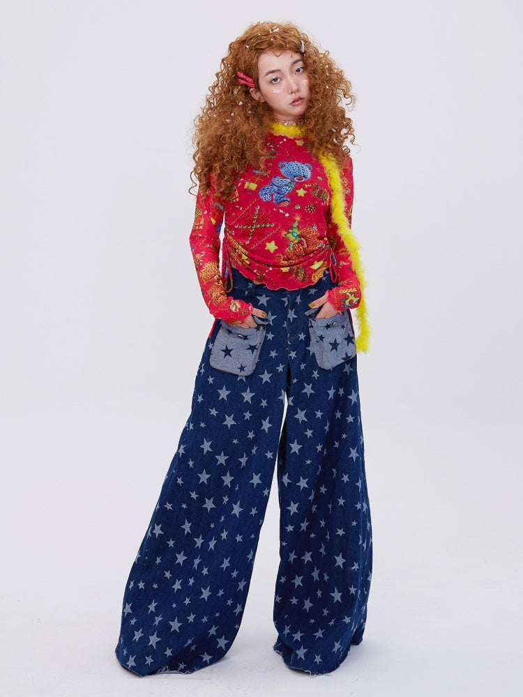 Retro Cute Y2K Star Pattern Wide Leg Loose Mop Jeans Pants [s0000003179]