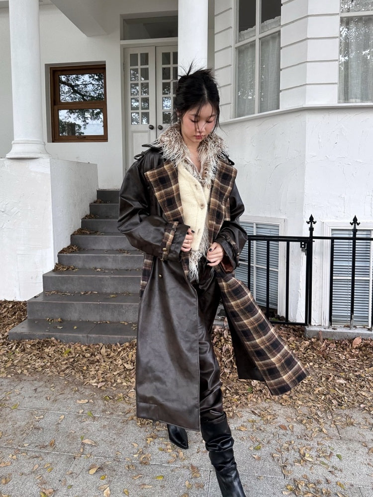 Plaid Splicing PU Leather Double Breasted Long Jacket【s0000004160】