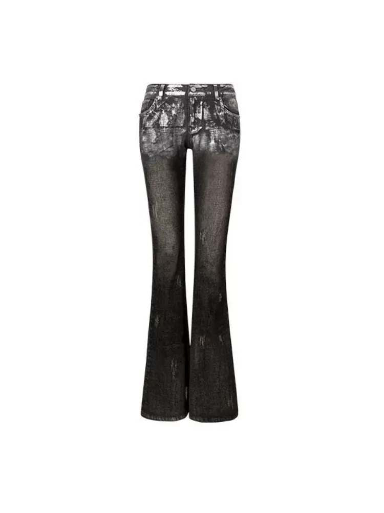 Silver Embroidery Distressed Low Waist Slim Flare Jeans [S0000009150]