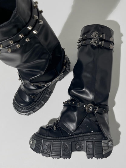 Y2K Retro Punk Style Eyelet Triple Belt Volume Sole Long Tube Boots【s0000005191】