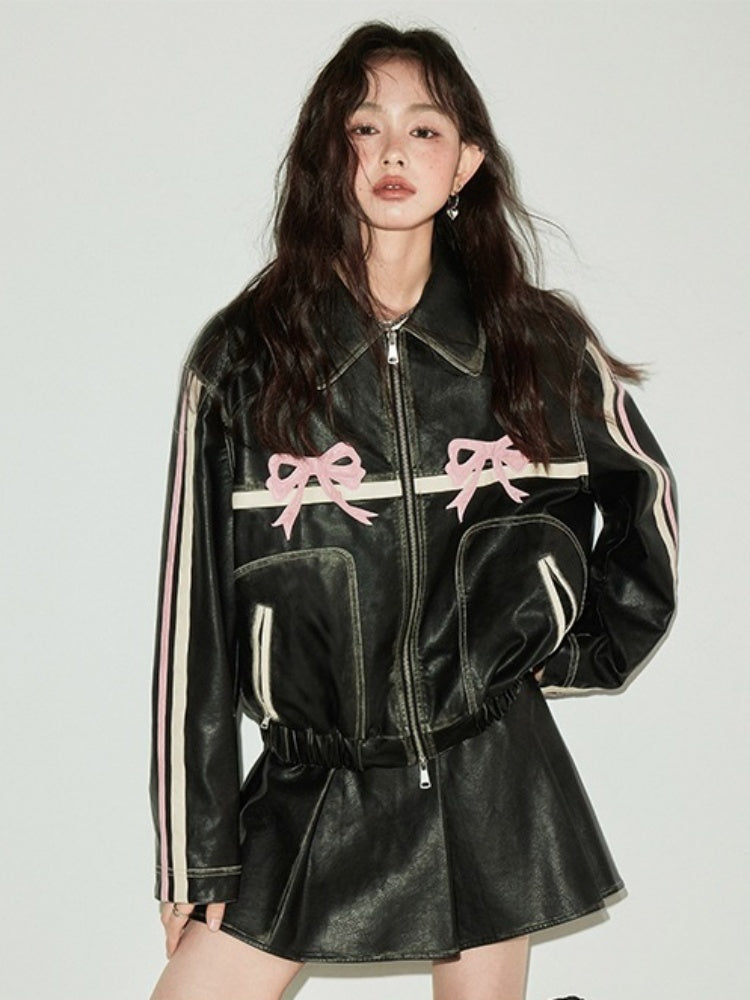 Bowknot Retro Color Painted Leather Jacket【s0000003185 