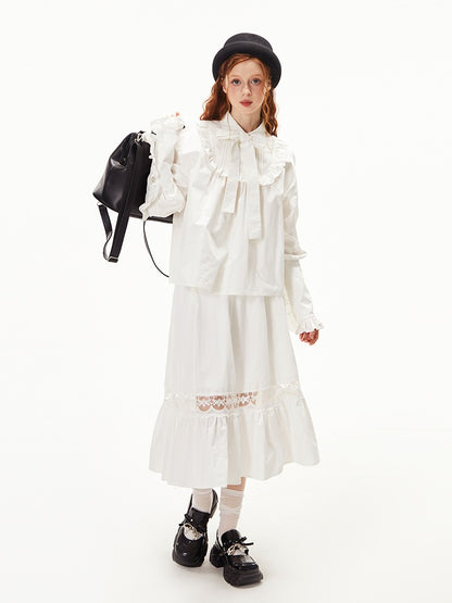 Ruffled Ribbon Shirt &amp; Splicing Lace Skirt【s0000003552】