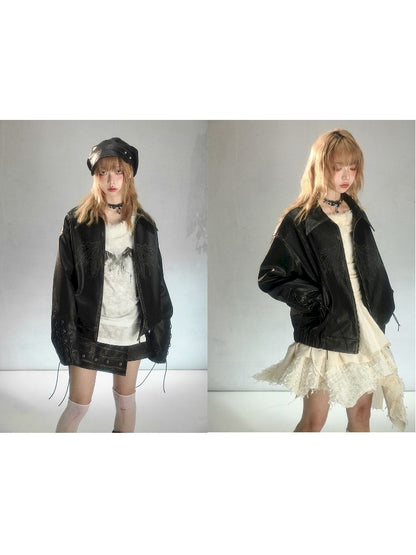 Moth Print Tie Loose Leather Jacket【s0000004627】