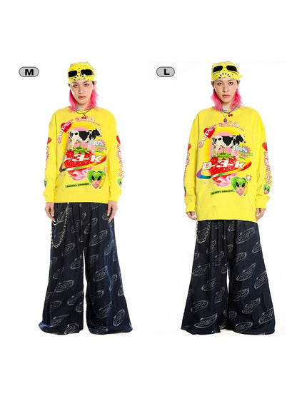 Y2K American Retro Super Acid Milk Print Loose Sweat & Cow Hat【s0000003887】