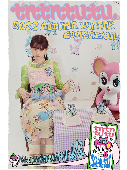 Shimizu Illustration Cute Deer Print Pleated A-Line Skirt【s0000003661】