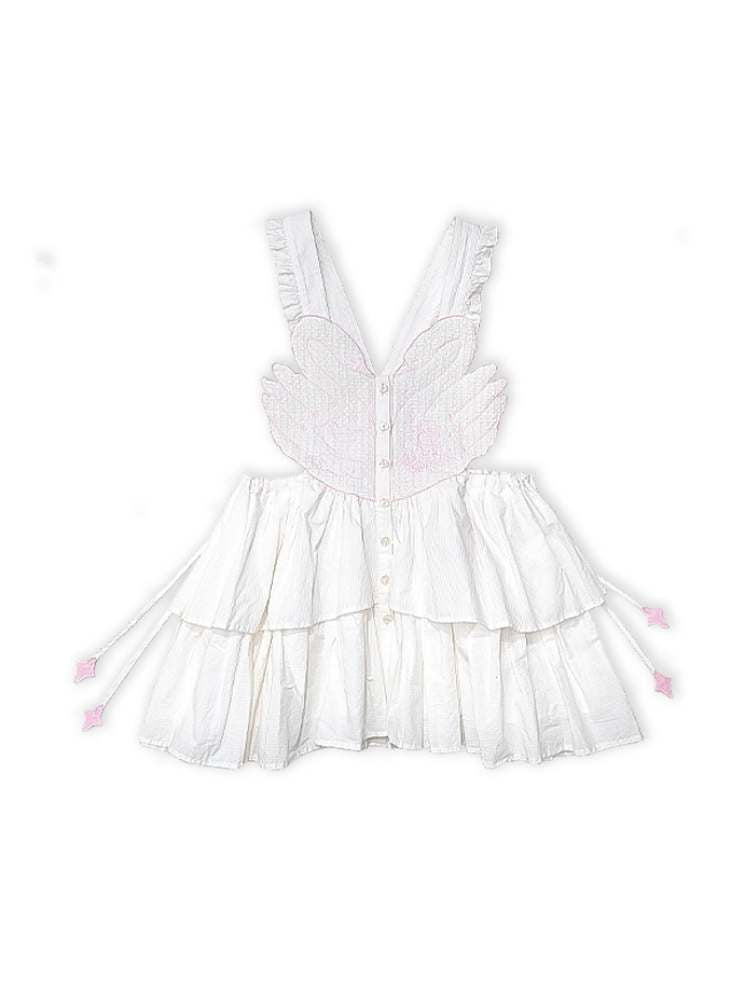 Swan Embroidery Layered Drawstring Apron Dress【s0000007763】