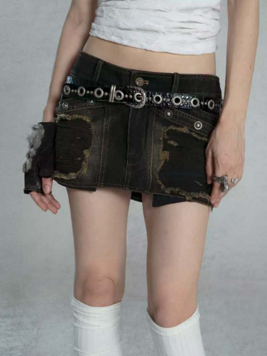 Damage Washed Denim Mini Skirt【s0000009016】