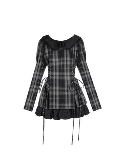 Doll Collar Plaid Side Lace-Up Dress【s0000003843】