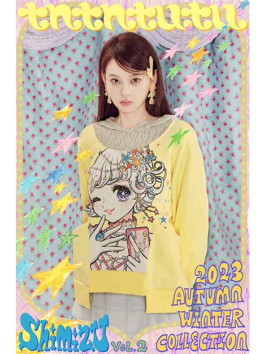 Shimizu Illustration Comic Girl Print Flower Lace Irregular Hem Hoodie【s0000003653】
