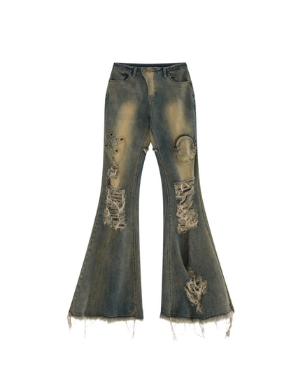 Damage Processing Wash Ripped Heavy Duty Stretch Denim Flare Pants【s0000003897】