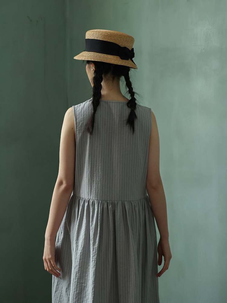 Stripe Side Slit Sleeveless Long Dress【s0000006915】