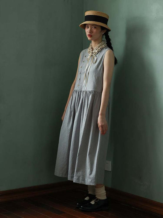 Stripe Side Slit Sleeveless Long Dress【s0000006915】